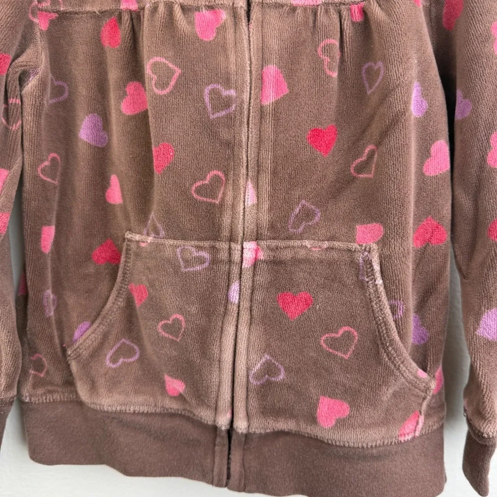 OshKosh 3T‎ Brown Velour Heart Hoodie Zip Up Y2K Toddler Jacket Girls